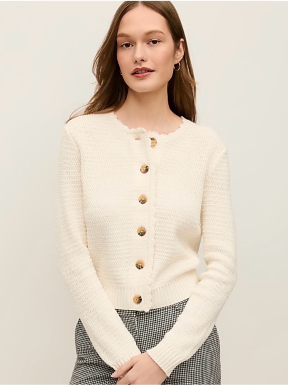 Ann Taylor Cream Scallop-Edge Button Cardigan